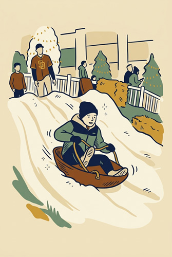 Kids sledding on the snow hill at Petco Park Holiday Market